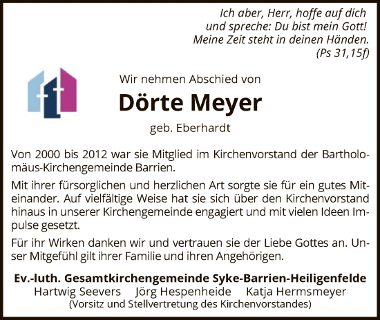 Traueranzeige von Dörte Meyer von SYKS
