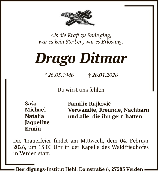 Traueranzeige von Drago Ditmar von SYKS