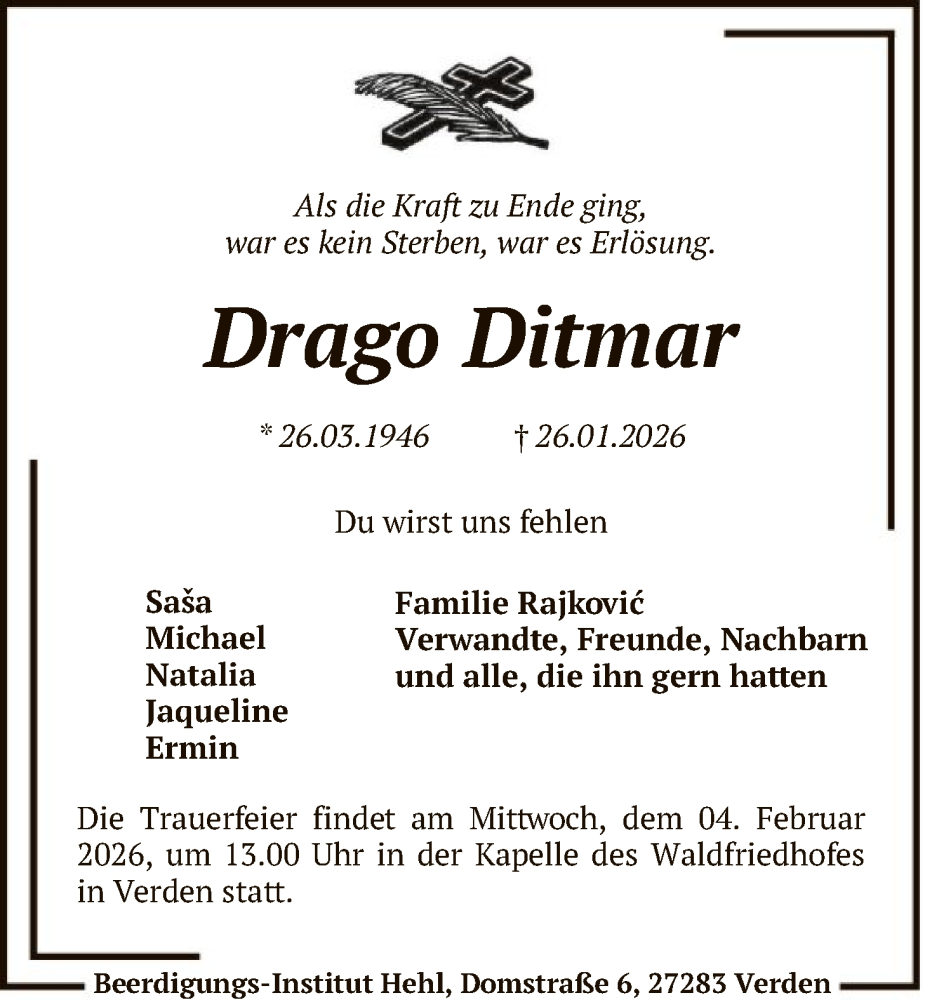  Traueranzeige für Drago Ditmar vom 31.01.2026 aus SYKS