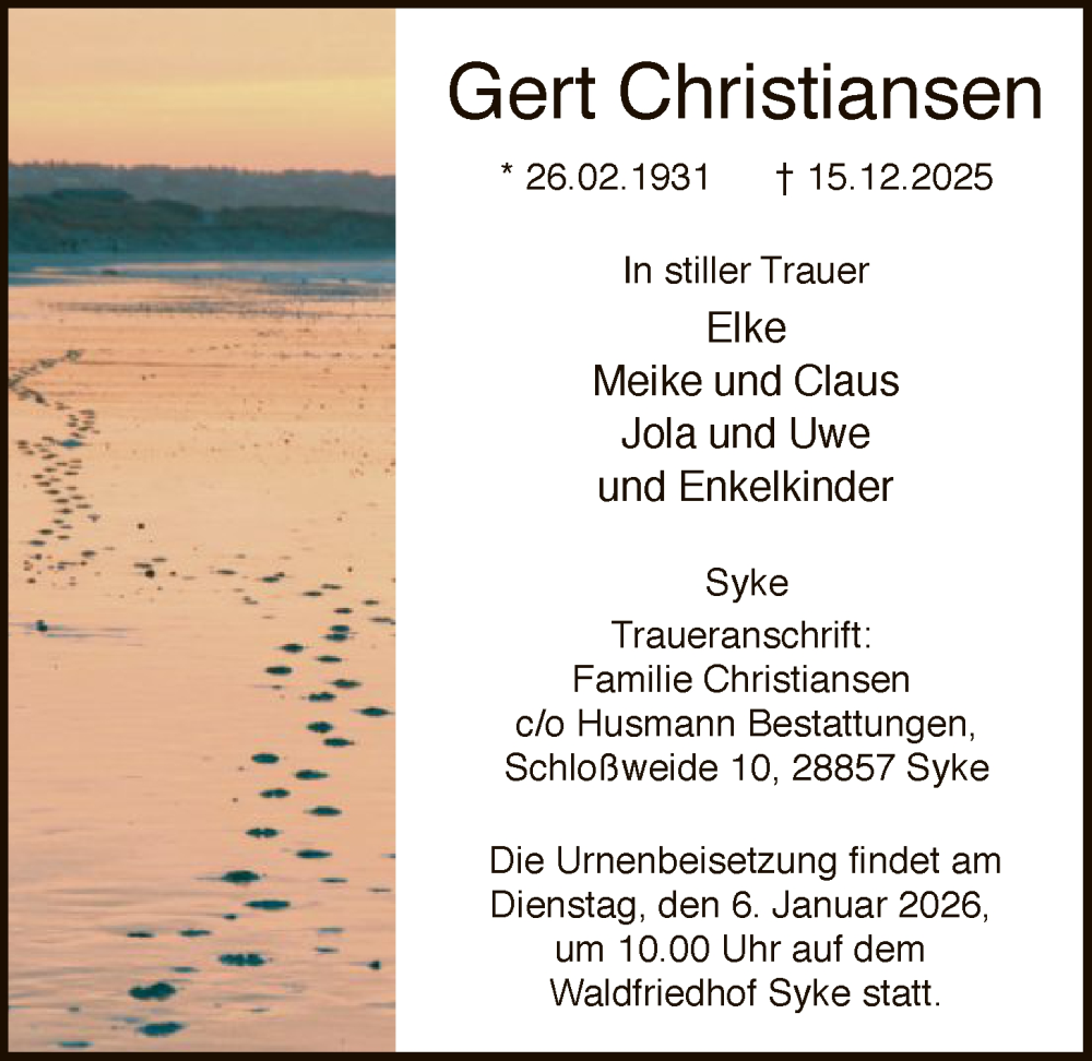  Traueranzeige für Duplizierte Anzeige Duplizierte Anzeige vom 03.01.2026 aus SYKS