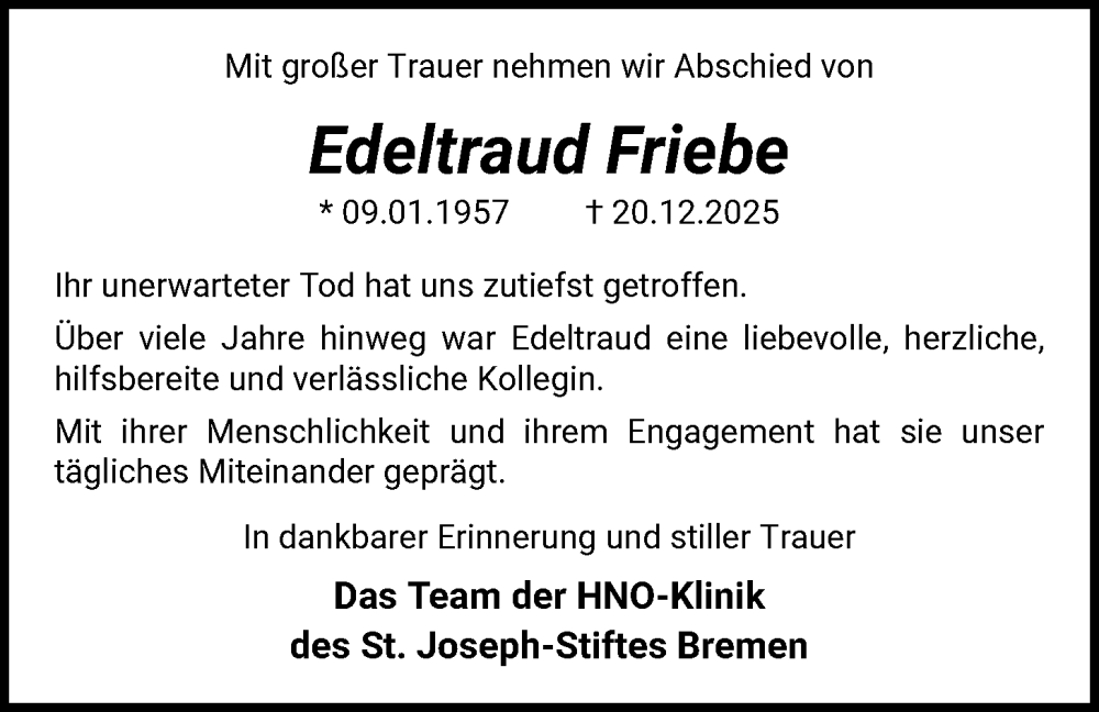  Traueranzeige für Edeltraud Friebe vom 17.01.2026 aus SYKS