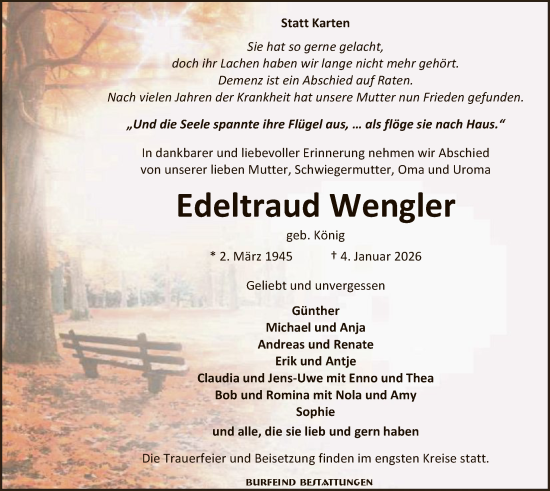 Traueranzeige von Edeltraud Wengler von SYKR