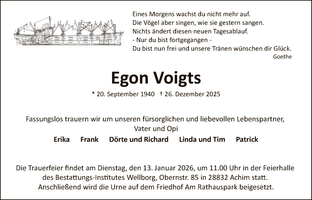  Traueranzeige für Egon Voigts vom 10.01.2026 aus SYKS