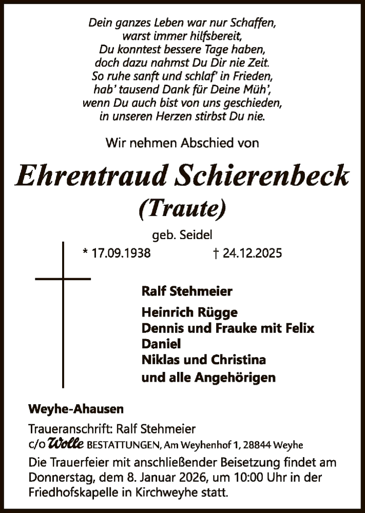 Traueranzeige für Ehrentraud Schierenbeck vom 03.01.2026 aus SYKSSYKS
