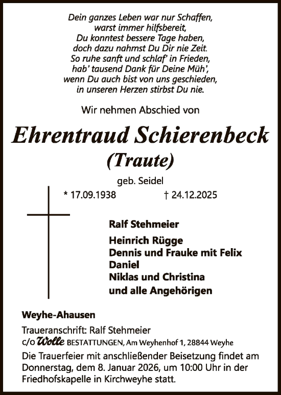 Traueranzeige von Ehrentraud Schierenbeck von SYKSSYKS