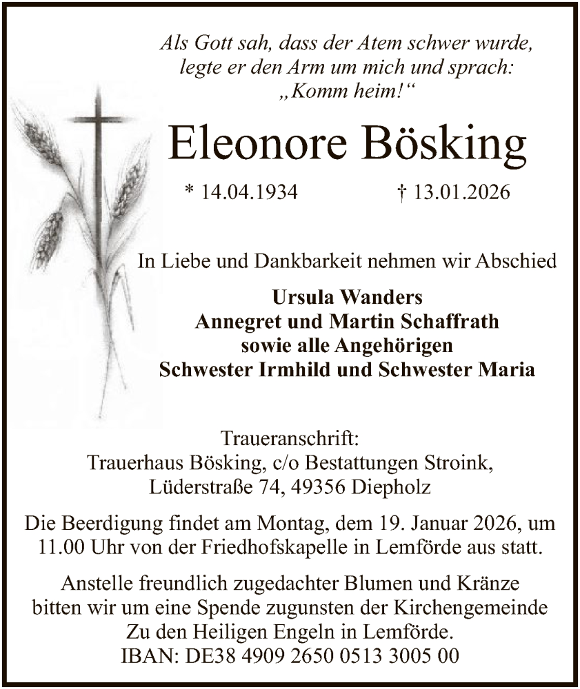  Traueranzeige für Eleonore Bösking vom 17.01.2026 aus SYKS