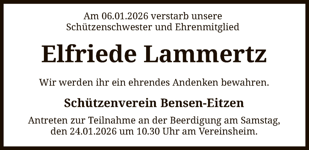  Traueranzeige für Elfriede Lammertz vom 17.01.2026 aus SYKS