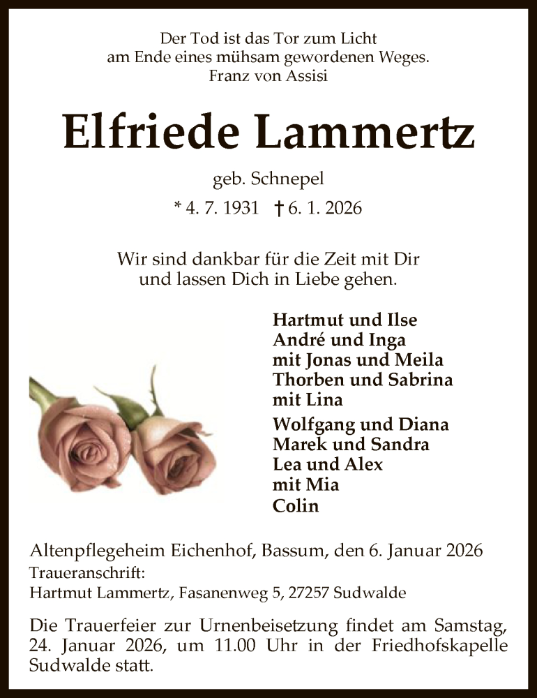  Traueranzeige für Elfriede Lammertz vom 09.01.2026 aus SYKSSYKS