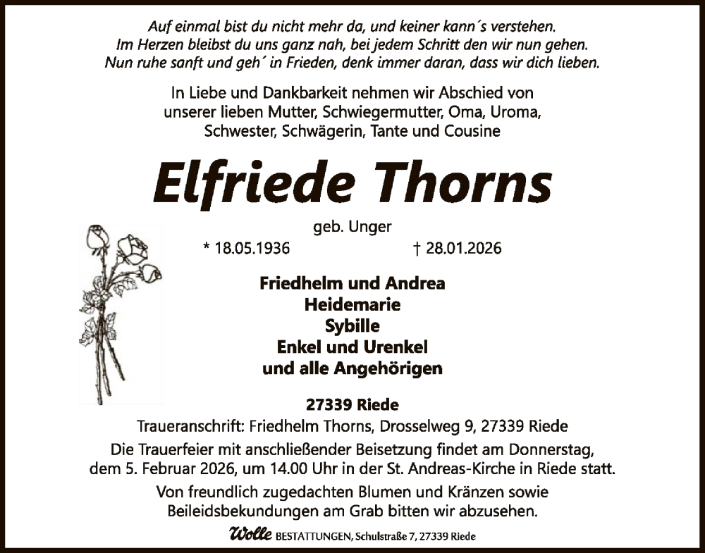  Traueranzeige für Elfriede Thorns vom 31.01.2026 aus SYKSSYKS