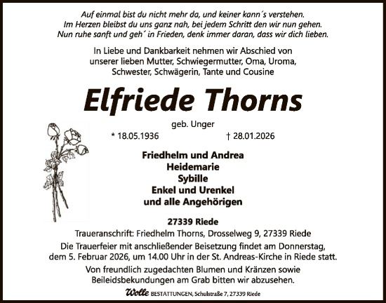 Traueranzeige von Elfriede Thorns von SYKSSYKS