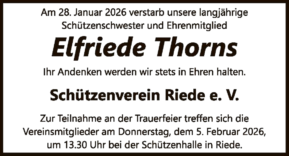  Traueranzeige für Elfriede Thorns vom 31.01.2026 aus SYKS