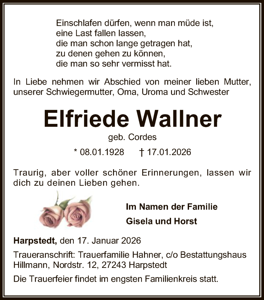  Traueranzeige für Elfriede Wallner vom 24.01.2026 aus SYKSSYWZ