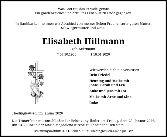 Traueranzeige von Elisabeth Hillmann von SYKS