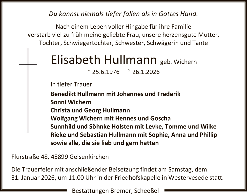  Traueranzeige für Elisabeth Hullmann vom 28.01.2026 aus SYKR
