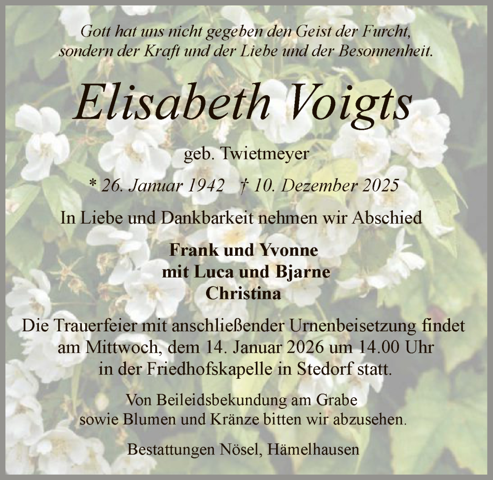  Traueranzeige für Elisabeth Voigts vom 10.01.2026 aus SYKS