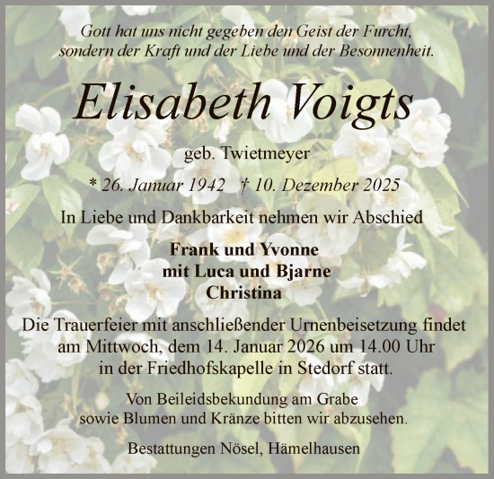 Traueranzeige von Elisabeth Voigts von SYKS