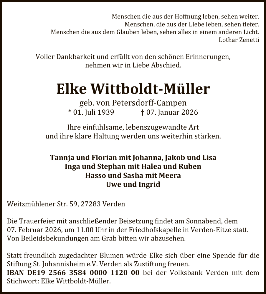  Traueranzeige für Elke Wittboldt-Müller vom 24.01.2026 aus SYKS