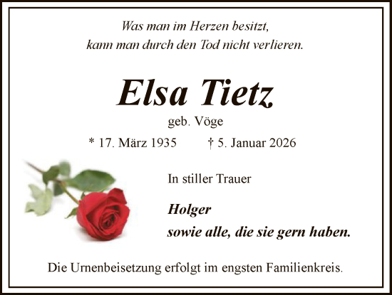 Traueranzeige von Elsa Tietz von SYKS