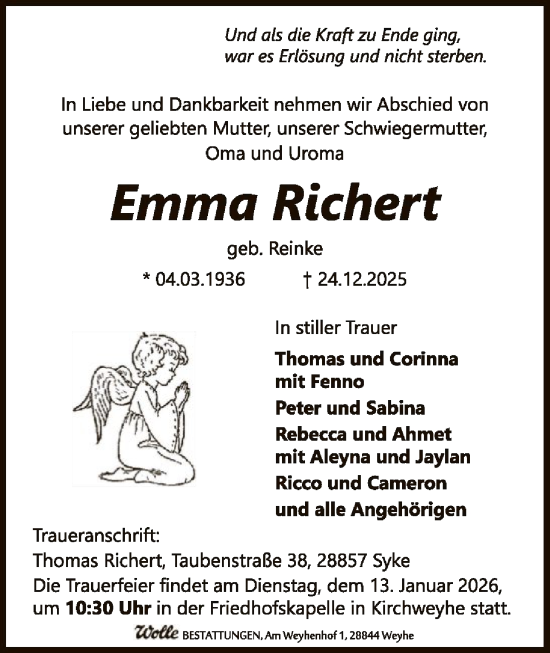 Traueranzeige von Emma Richert von SYKS