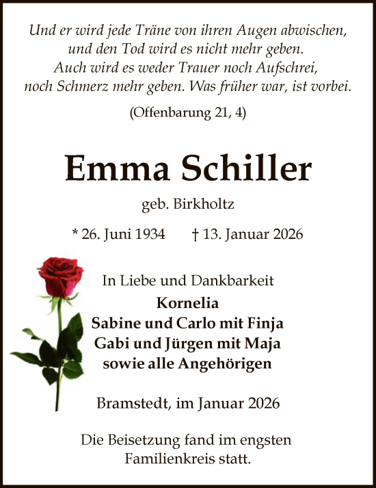 Traueranzeige von Emma Schiller von SYKS