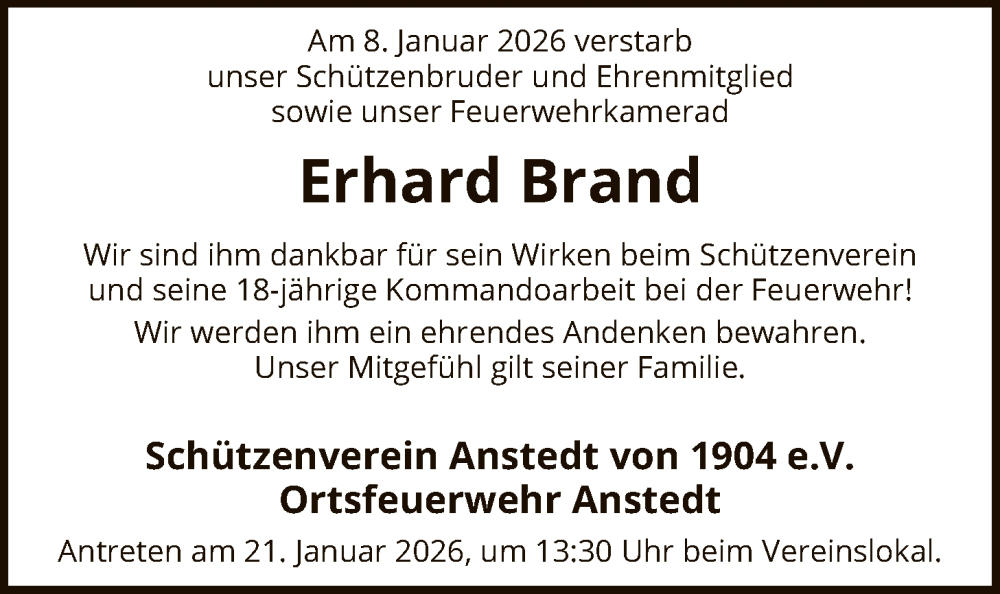  Traueranzeige für Erhard Brand vom 17.01.2026 aus SYKS