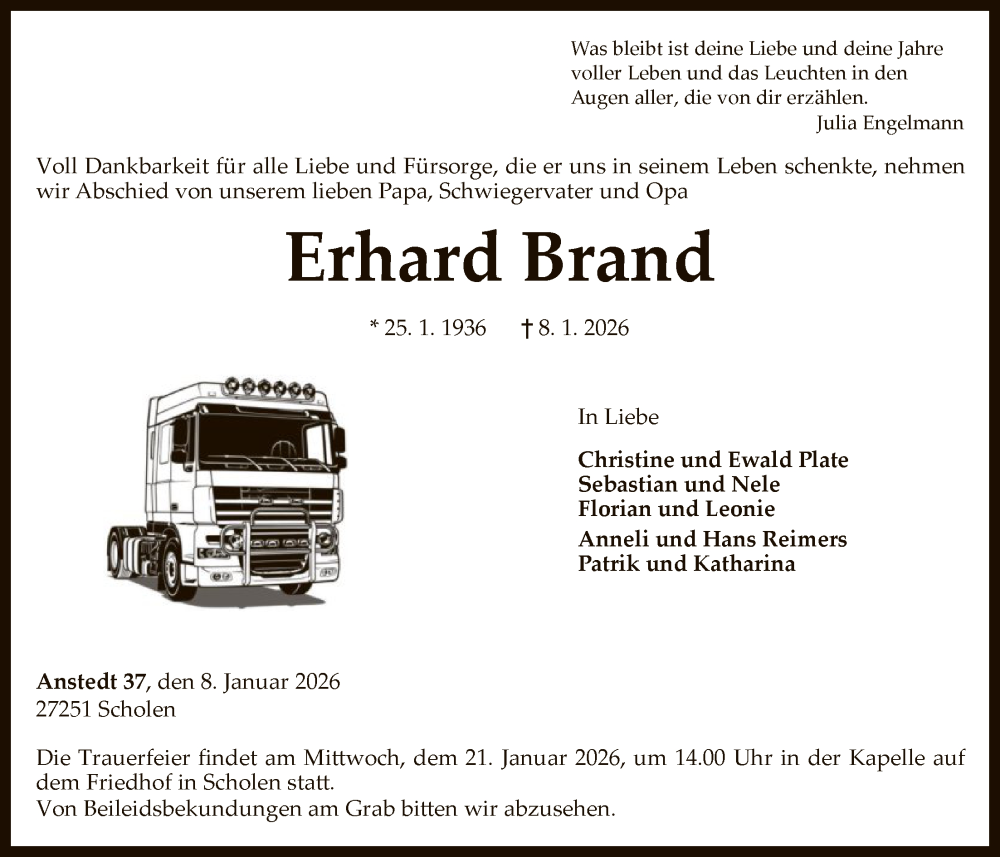  Traueranzeige für Erhard Brand vom 17.01.2026 aus SYKS