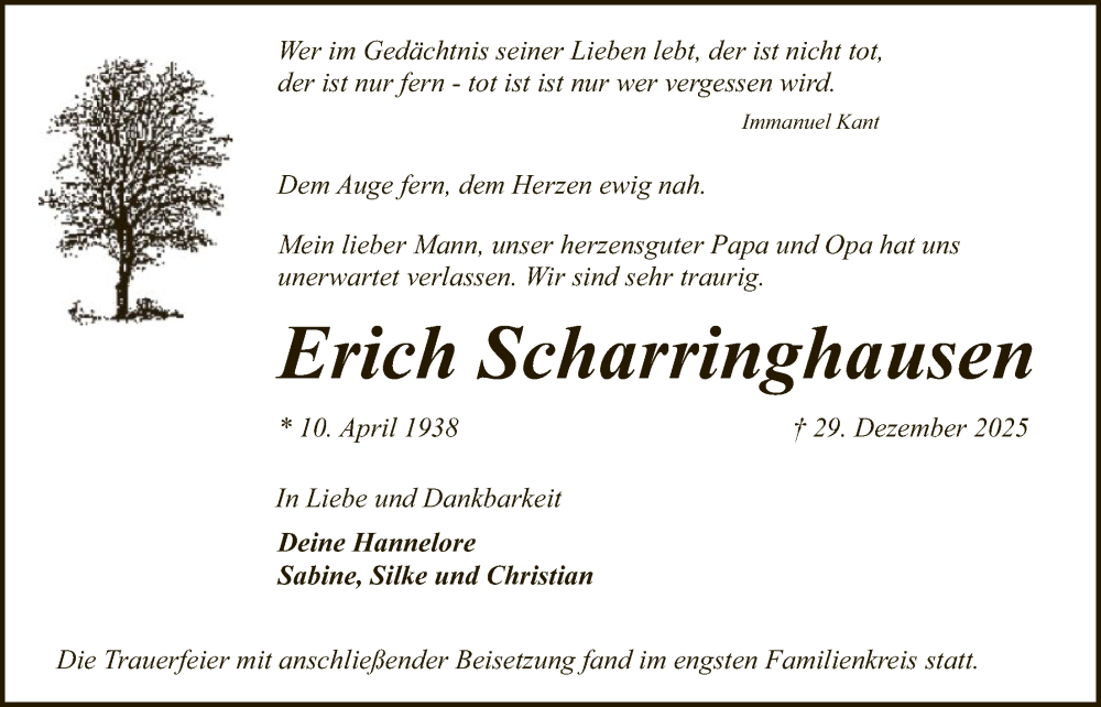  Traueranzeige für Erich Scharringhausen vom 10.01.2026 aus SYKS
