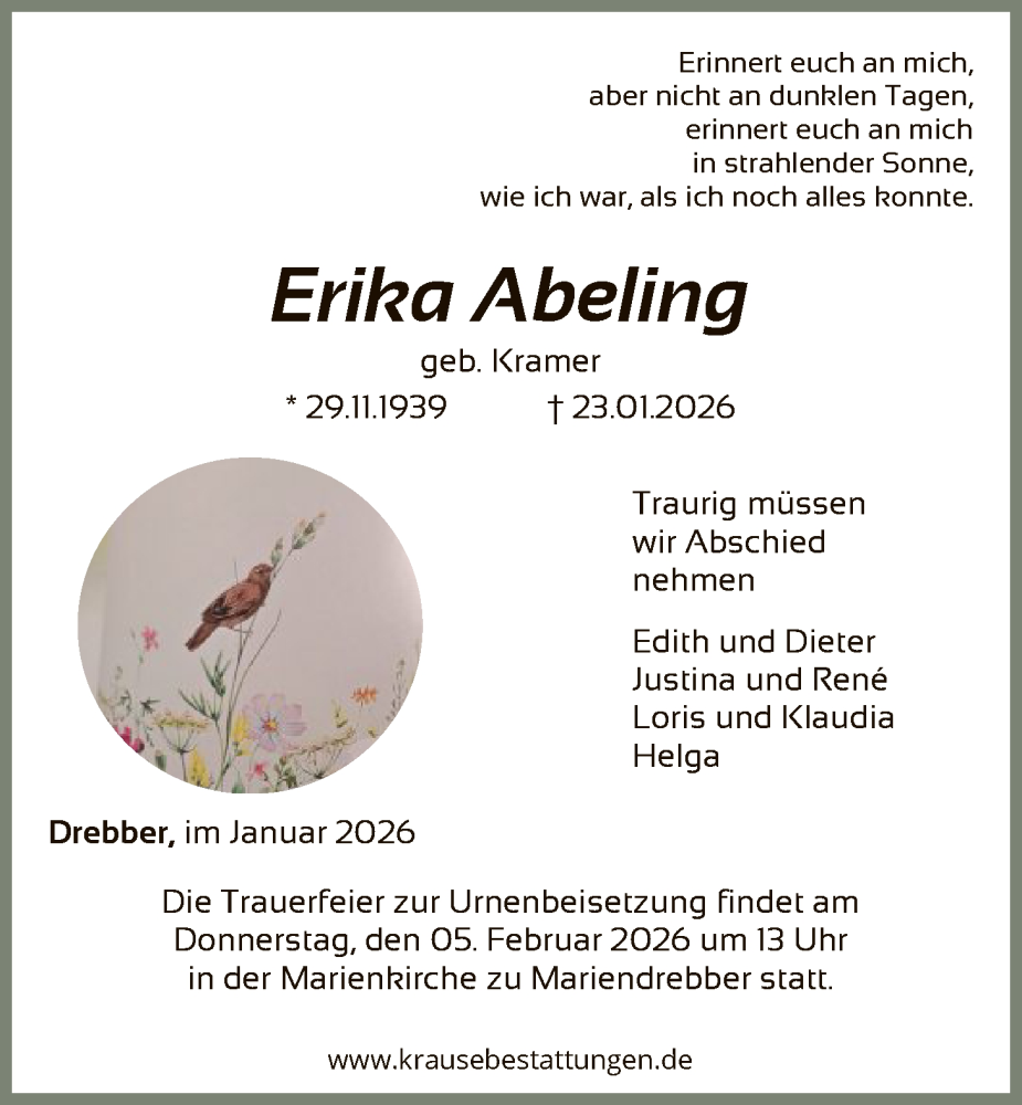  Traueranzeige für Erika Abeling vom 30.01.2026 aus SYKS