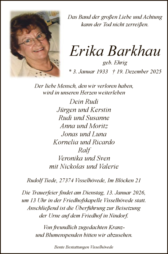 Traueranzeige von Erika Barkhau von SYKR