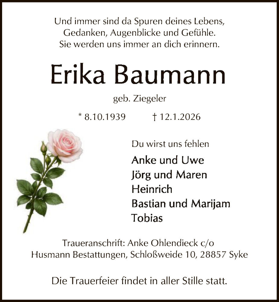  Traueranzeige für Erika Baumann vom 17.01.2026 aus SYKS