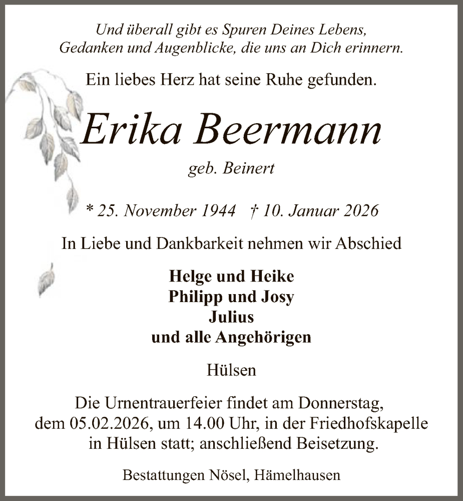  Traueranzeige für Erika Beermann vom 31.01.2026 aus SYKS