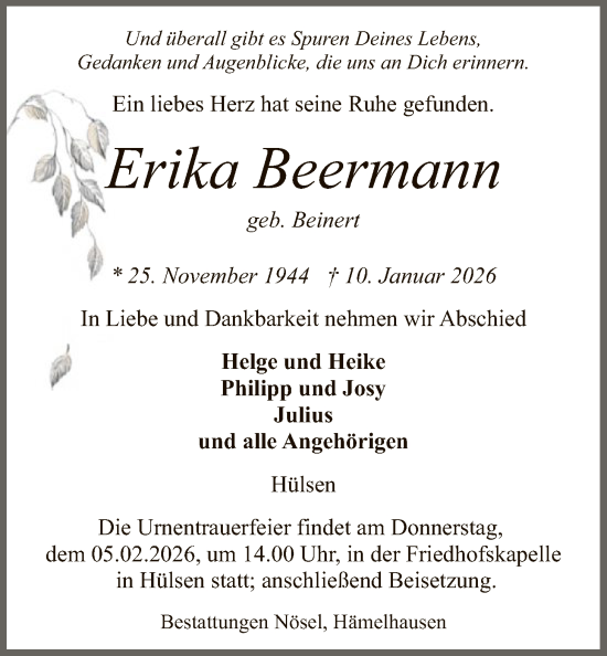 Traueranzeige von Erika Beermann von SYKS