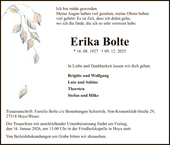 Traueranzeige von Erika Bolte von SYKS