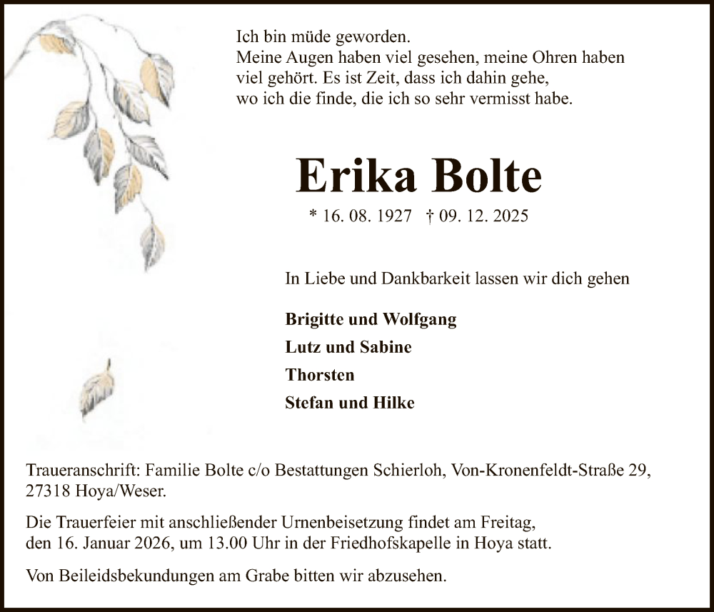  Traueranzeige für Erika Bolte vom 14.01.2026 aus SYKS