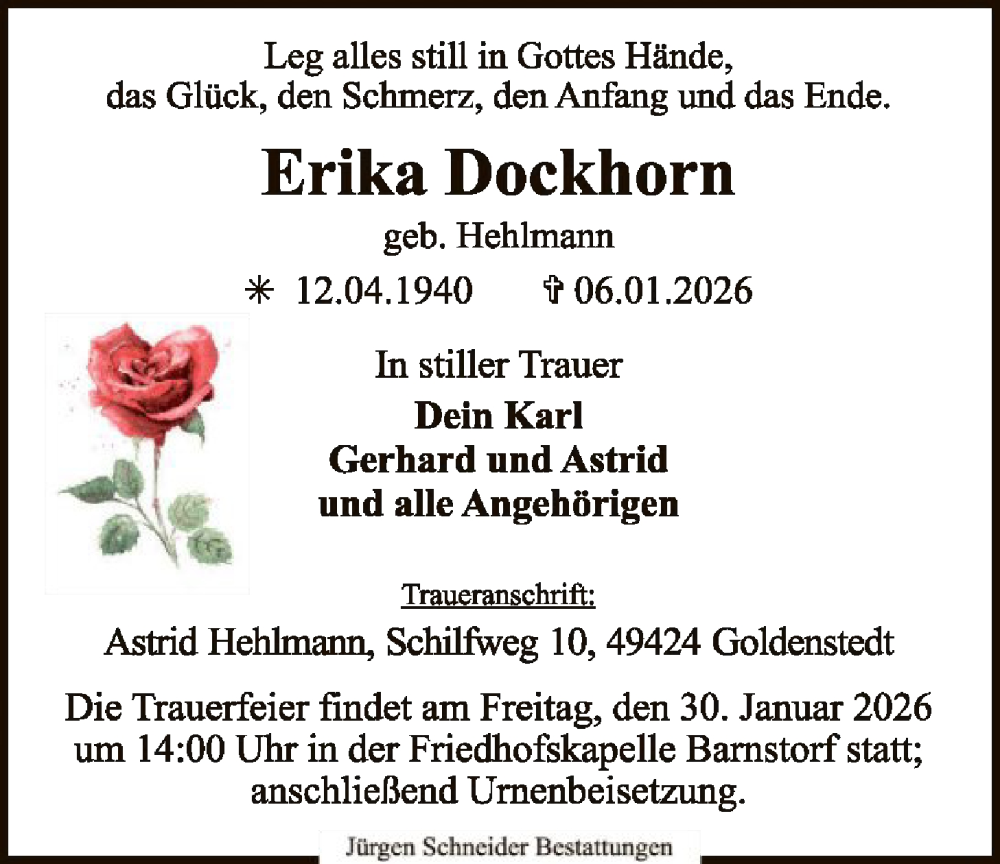  Traueranzeige für Erika Dockhorn vom 17.01.2026 aus SYKS
