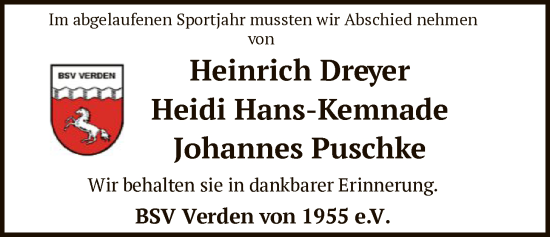Traueranzeige von Erinnerung BSV Verden von 1955 e.V. von SYKS