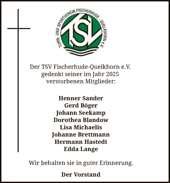 Traueranzeige von Erinnerung Der TSV Fischerhude-Quelkhorn e.V. von SYKS