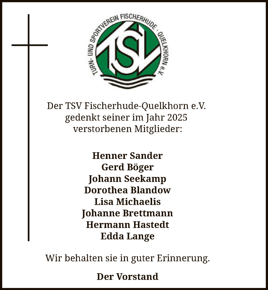  Traueranzeige für Erinnerung Der TSV Fischerhude-Quelkhorn e.V. vom 17.01.2026 aus SYKS