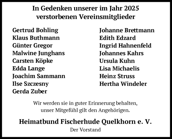 Traueranzeige von Erinnerung Heimatbund Fischerhude Quelkhorn e. V. von SYKS