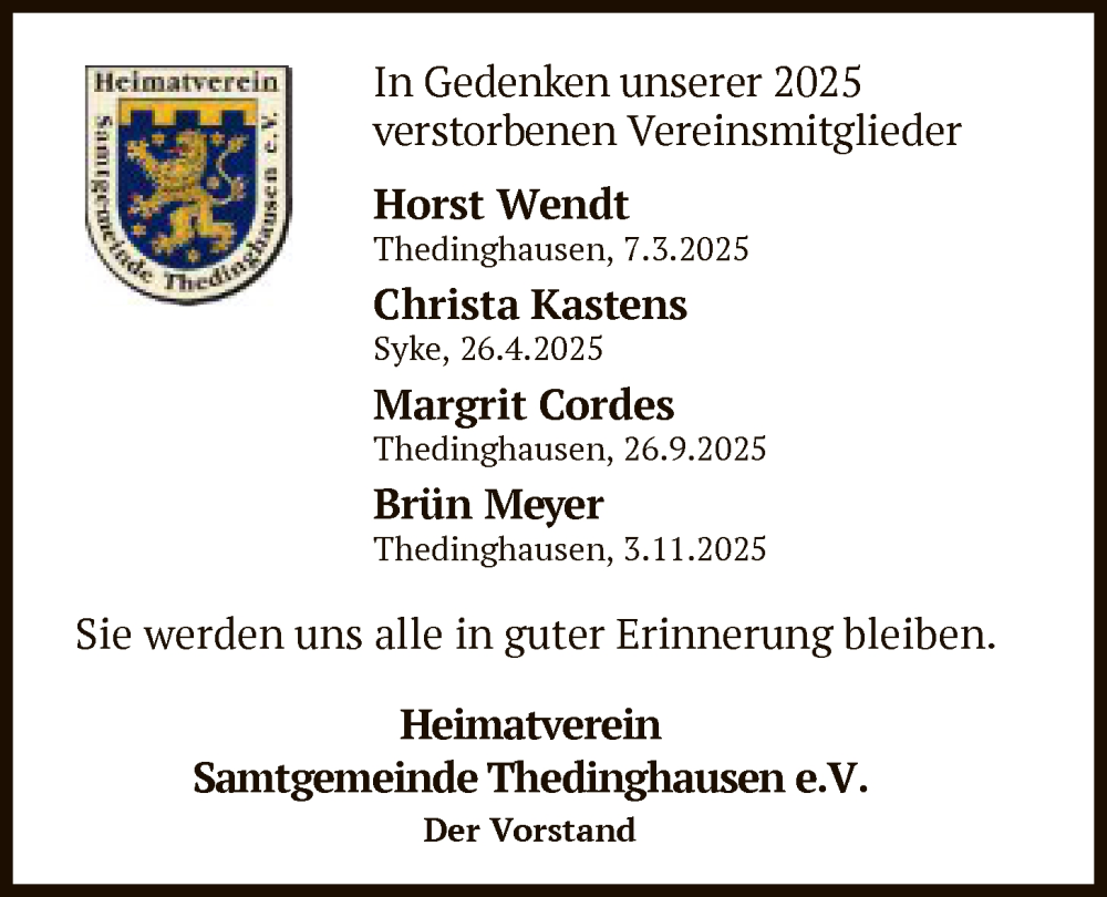  Traueranzeige für Erinnerung Heimatverein Samtgemeinde Thedinghausen e.V. vom 17.01.2026 aus SYKS