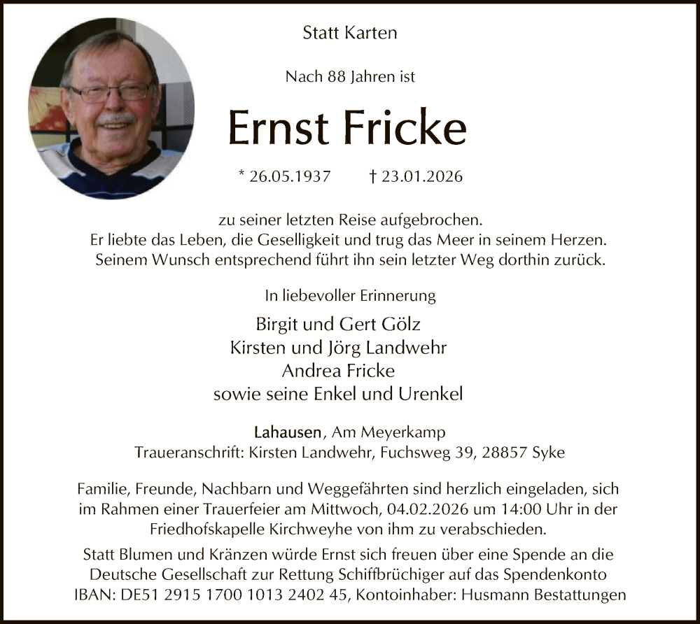 Traueranzeige für Ernst Fricke vom 31.01.2026 aus SYKS