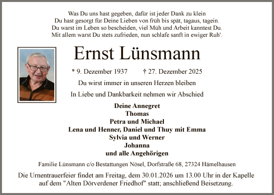 Traueranzeige von Ernst Lünsmann von SYKS