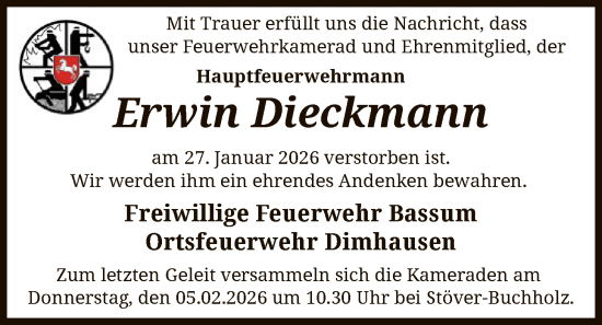 Traueranzeige von Erwin Dieckmann von SYKS