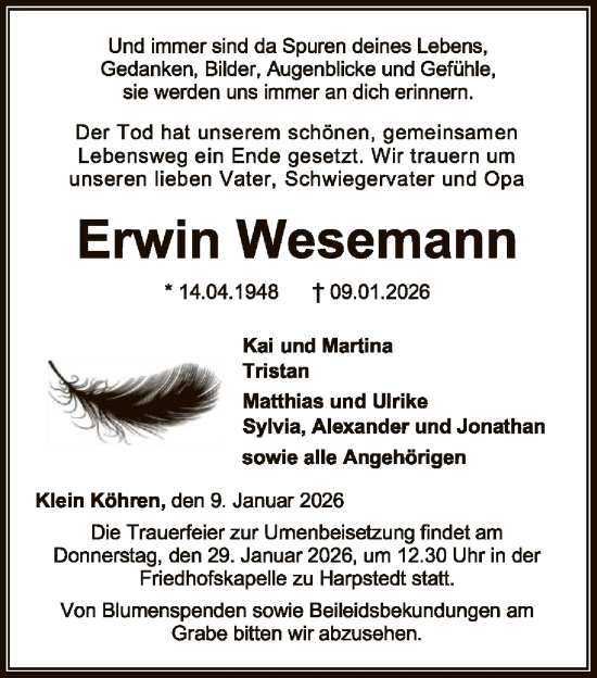 Traueranzeige von Erwin Wesemann von SYKSSYWZ