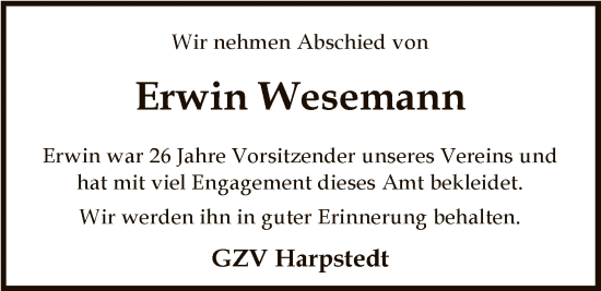 Traueranzeige von Erwin Wesemann von SYKS