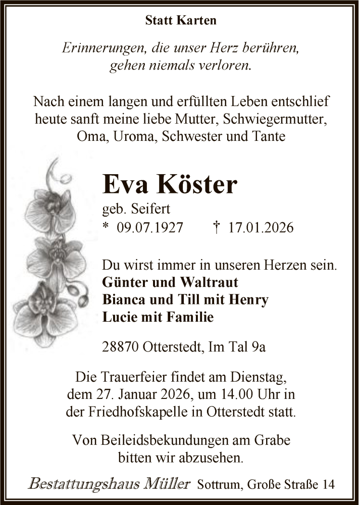  Traueranzeige für Eva Köster vom 21.01.2026 aus SYKS