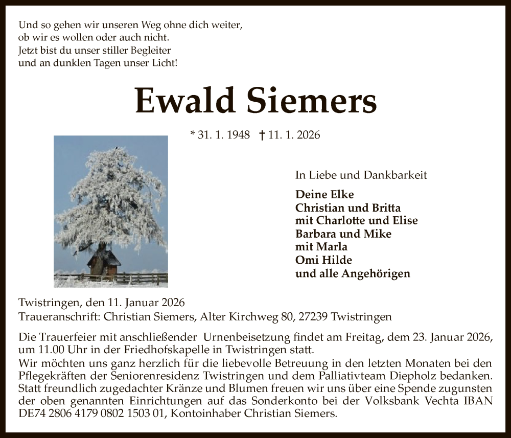  Traueranzeige für Ewald Siemers vom 17.01.2026 aus SYKS