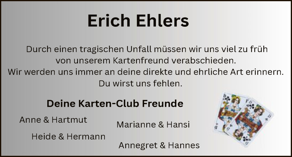  Traueranzeige für Erich Ehlers vom 03.01.2026 aus SYKS