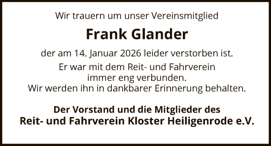 Traueranzeige von Frank Glander von SYKS