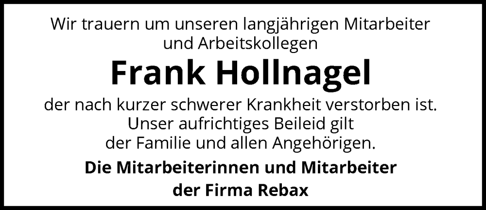  Traueranzeige für Frank Hollnagel vom 24.01.2026 aus SYKS